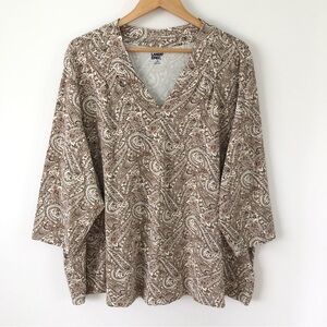 Lands’ End Plus Women’s 3X Paisley Brown White V-Neck Blouse Stretch Top NWOT
